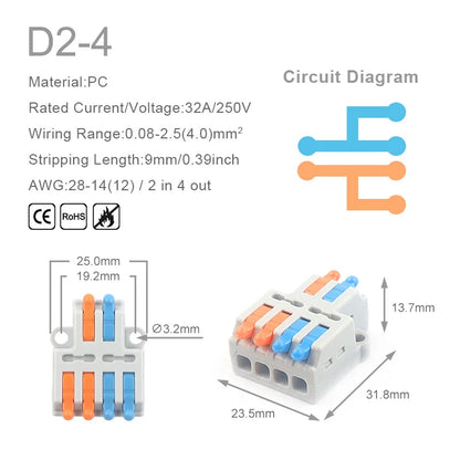 1 In Multiple Out Fast Electrical Wire Connector Universal Compact Cable Splicing Terminal Block Push-in Lever Connector