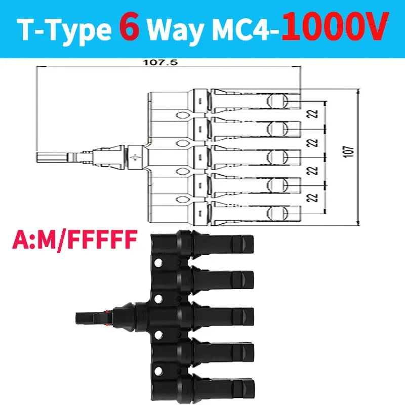 PV T Branch Photovoltaic Solar Connector 1000V 30A Male Female 1 to 2 3 4 5 6 PV Plug 2 3 4 5 6IN 1OUT Adapter