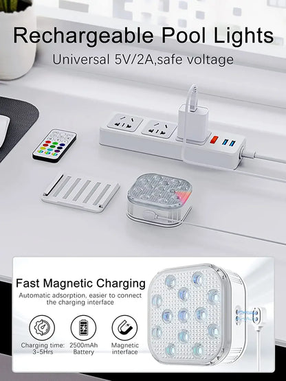 Underwater Lights LED Submersible Pool Lights Rechargeable 200FT Remote Control Swimming Pool Light with Timer Color Changing