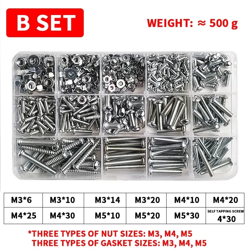 M3-M6 Phillips Pan Head Self-Tapping Screw Assortment Kit with Nuts and Washers Stainless Steel Fastener Set for DIY Machinery