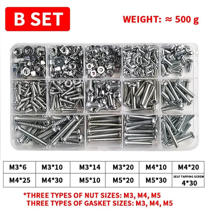 M3-M6 Phillips Pan Head Self-Tapping Screw Assortment Kit with Nuts and Washers Stainless Steel Fastener Set for DIY Machinery