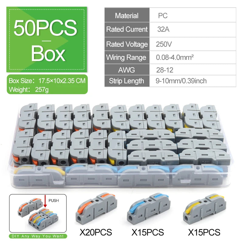 1 to 1 Inline Lever Wire Connector Kit Universal Compact Electrical Cable Terminal Block Spliceable Butt Junction 28-12 AWG