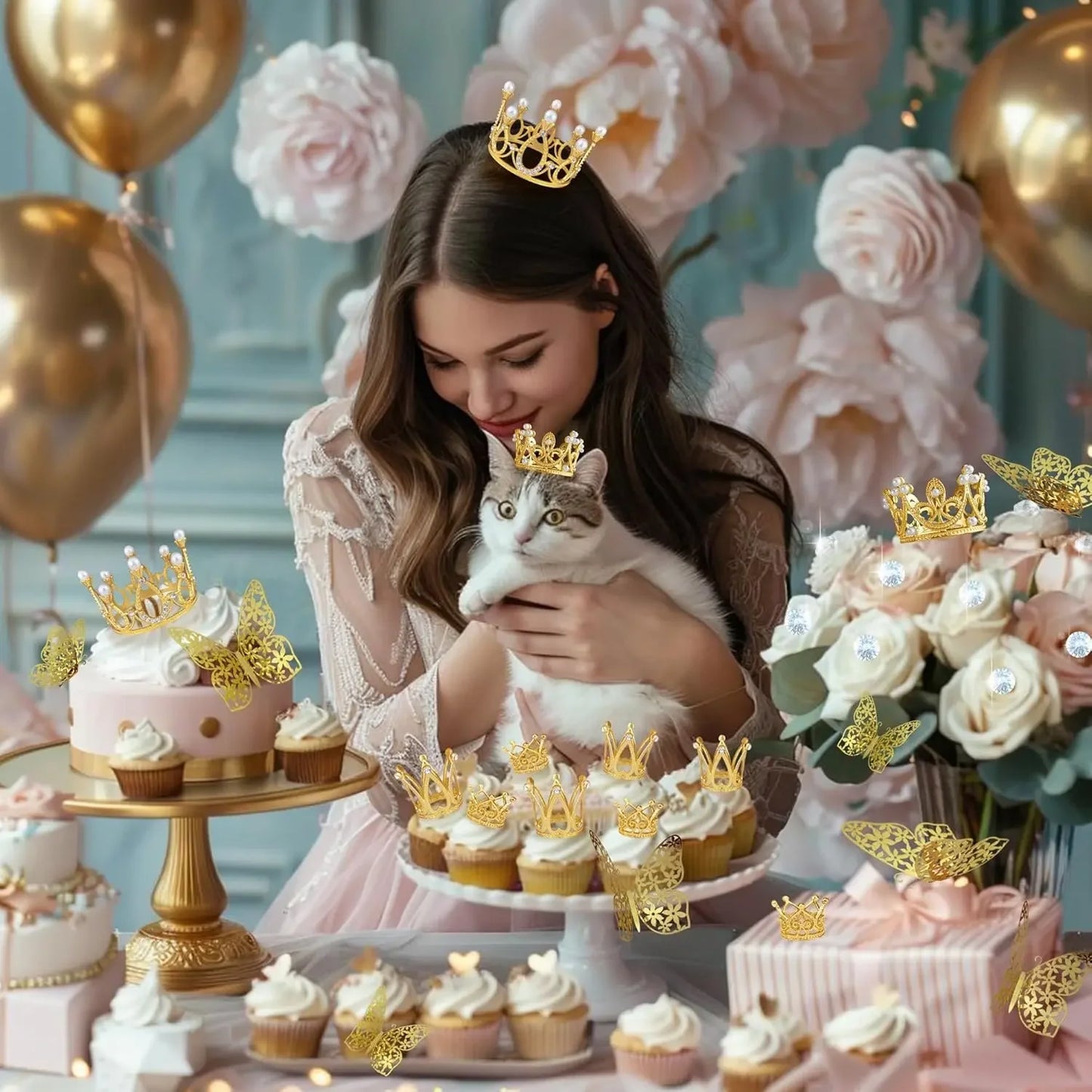 Wholesale Crown Cake Decoration Gold Silver Pearl Crown Topper Mini Princess Headwear Decoration Birthday Wedding Decor Supplies