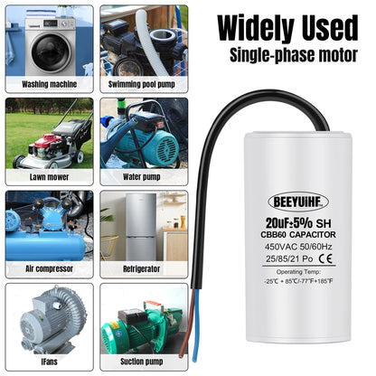 CBB60 Motor Start Capacitor 3µF–80µF 450VAC 50/60Hz with Cable