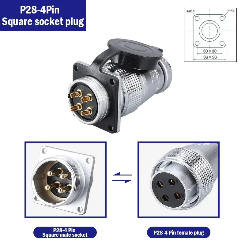 P28 Aviation Connector Square Flange Socket Male Female Circular Butt Joint 2/3/4/5/7/10/12/14/16/19/20/24 Pin P28K2Q PLS28