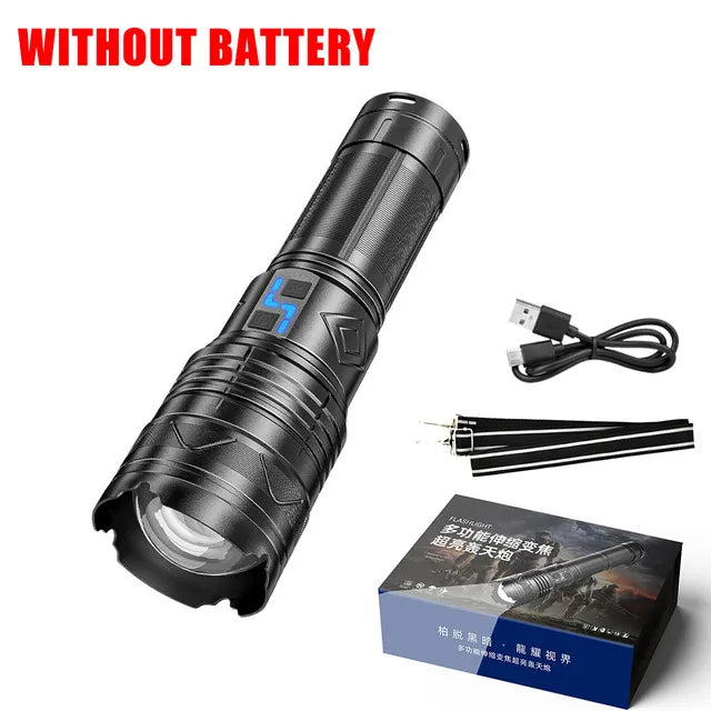 Powerful LED Flashlight GT60 High Power Tactical Zoomable Torch USB Rechargeable Outdoor Camping Lantern with Power Display