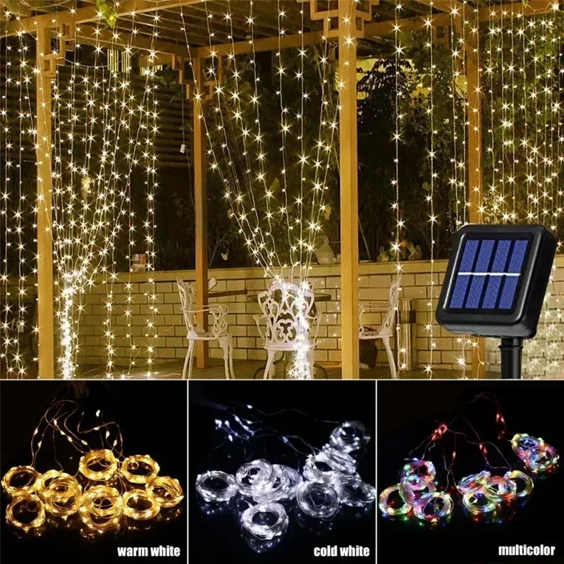3M Solar LED Curtain String Lights with 8 Modes for Garden Christmas Wedding Party Fairy Decoration