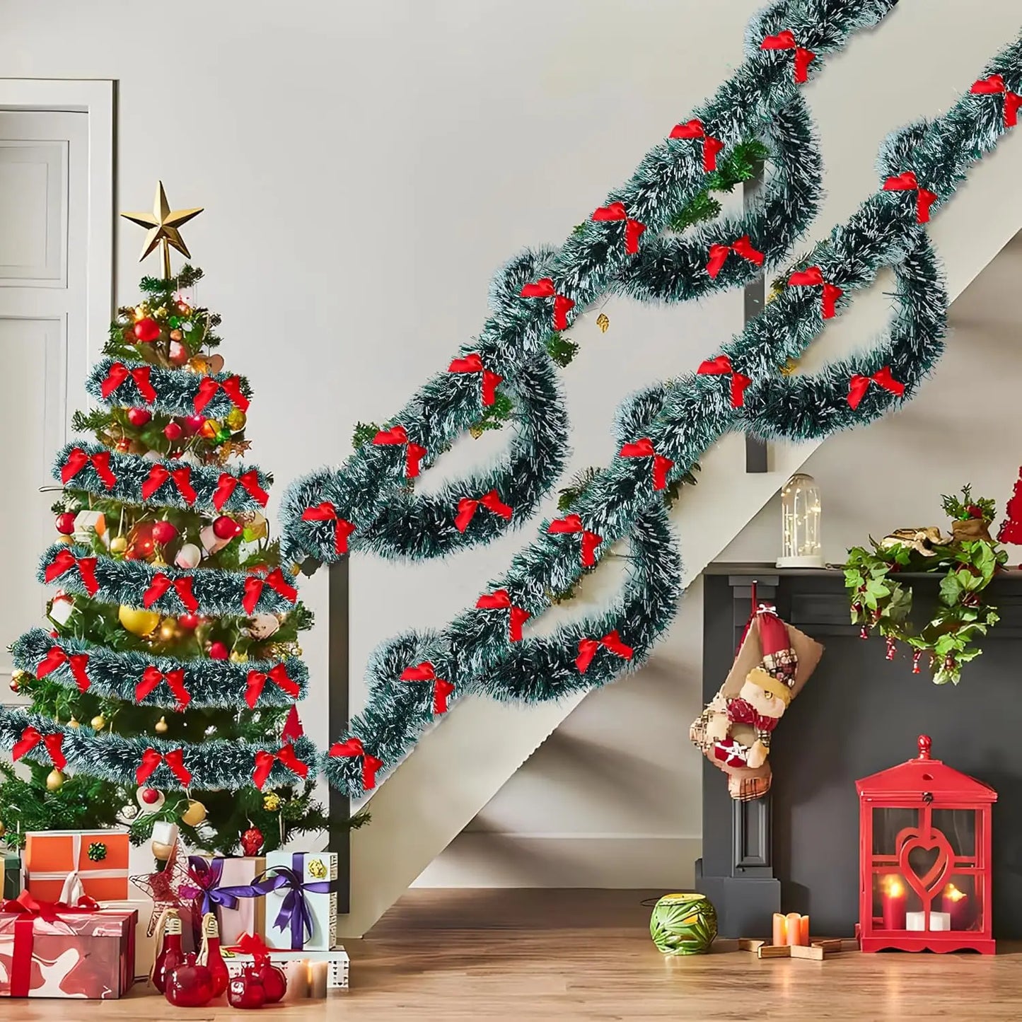 10/2M Christmas Bow Ribbon Garland Embellished Green Tinsel Xmas Tree Hanging Ornament Holiday Party Home Wedding Decoration