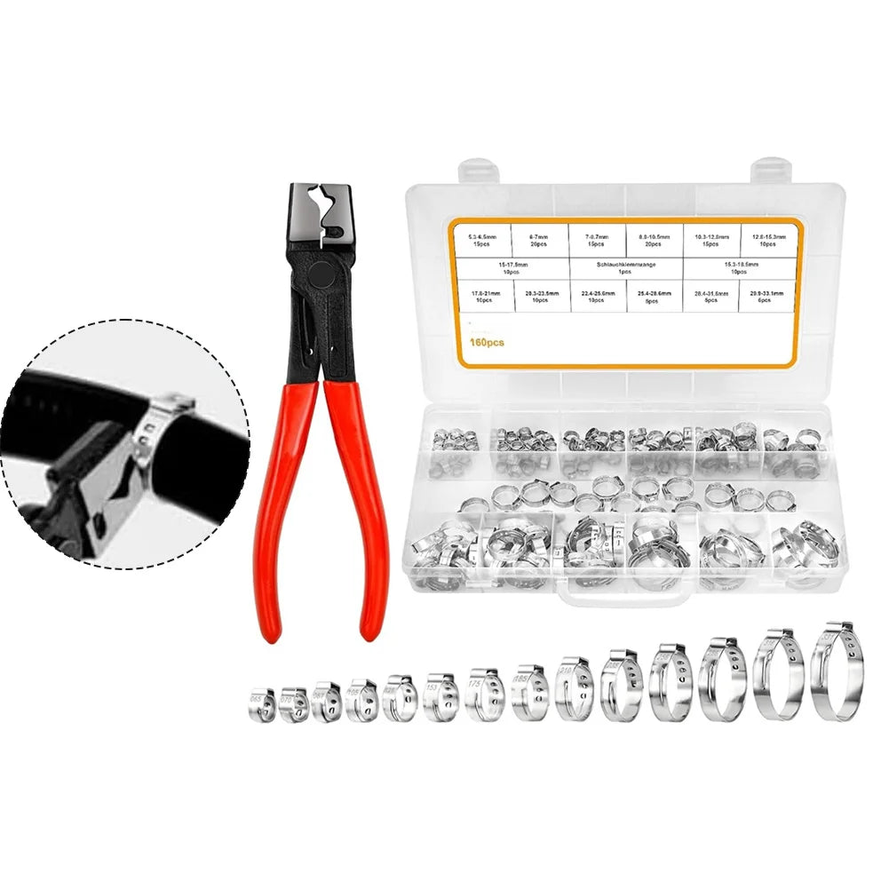 160 Pcs Single-Ear Hose Clamps Stainless Steel 304 For Hose Clamp Pliers Variety Pack 5.3-33.1 Mm Inner Diameter For Automotive