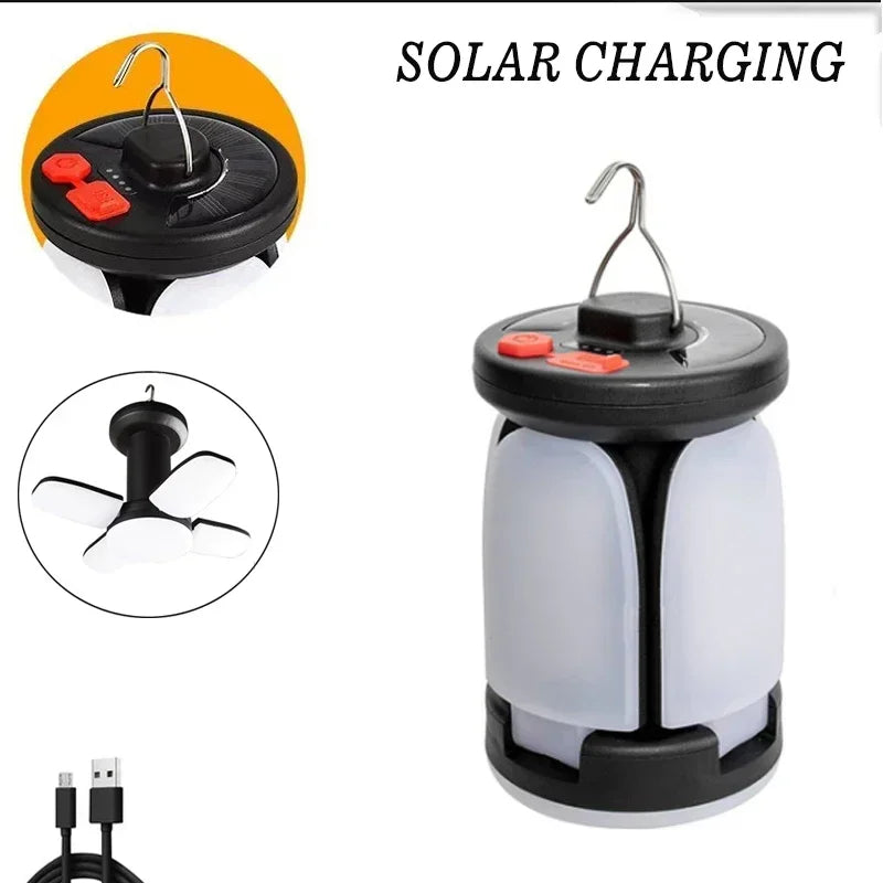 4-leaf Solar  LED Lantern Rechargeable Emergency Flashlight Portable Power Bank Foldable Tent Light for Outdoor Camping Fishing