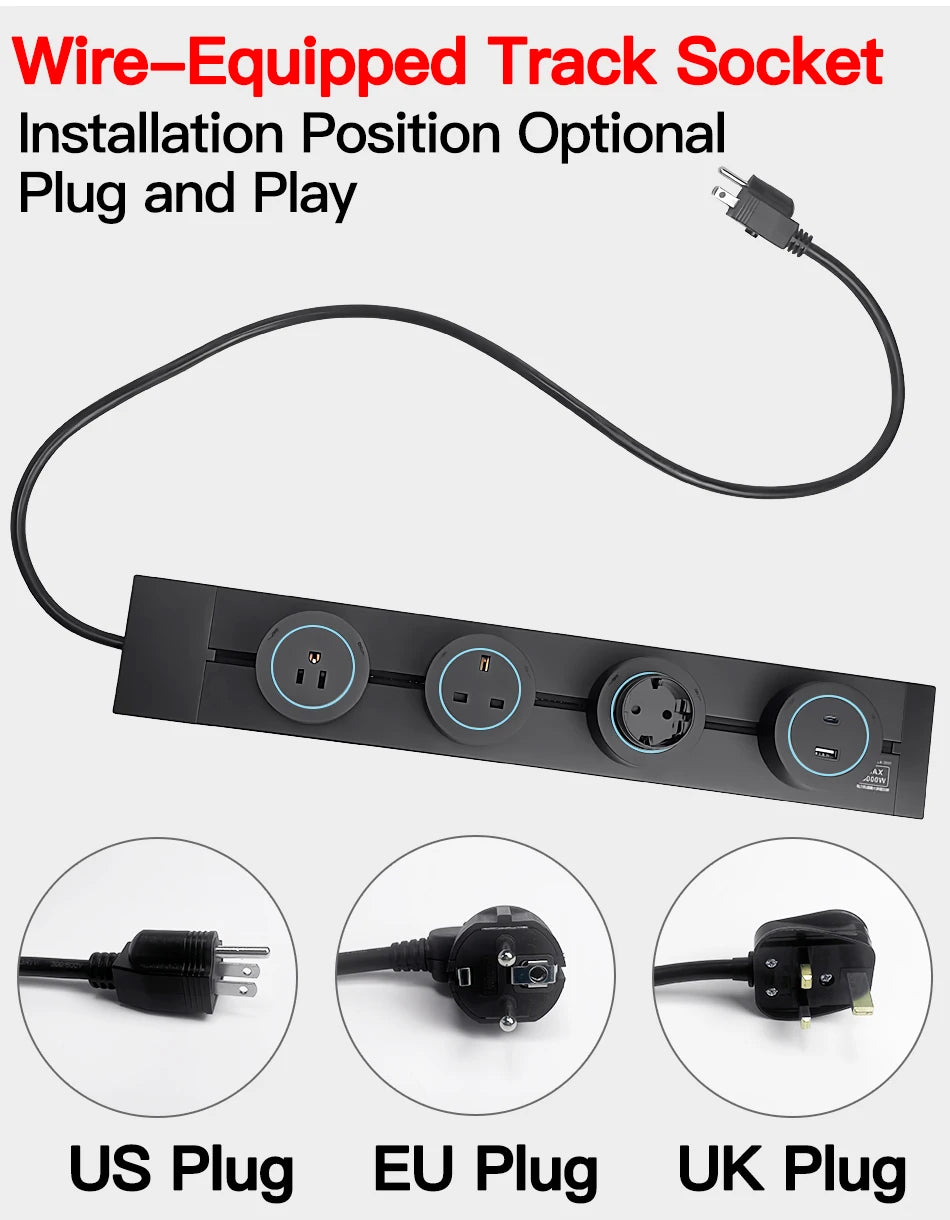 Power Track Socket Rail with USB Type-C Wall Mounted Modular Outlet Strip US/EU/UK Adapters 40-50cm