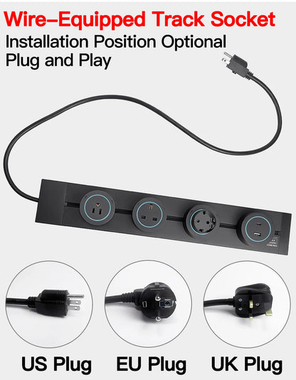 Power Track Socket Rail with USB Type-C Wall Mounted Modular Outlet Strip US/EU/UK Adapters 40-50cm