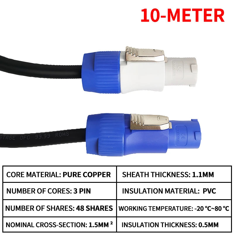 Weatherproof 3 Pin Power Cable 3x1.5mm² for Stage Audio Lighting Equipment Beam Projectors LED Displays