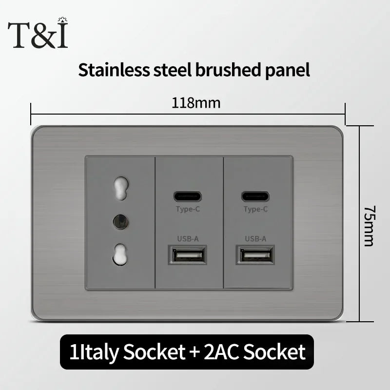 Stainless Steel Wall Socket 118x75mm Italian-Style with USB-C Schuko Chilean Plug Brushed Finish for Home Office