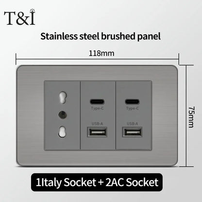 Stainless Steel Wall Socket 118x75mm Italian-Style with USB-C Schuko Chilean Plug Brushed Finish for Home Office