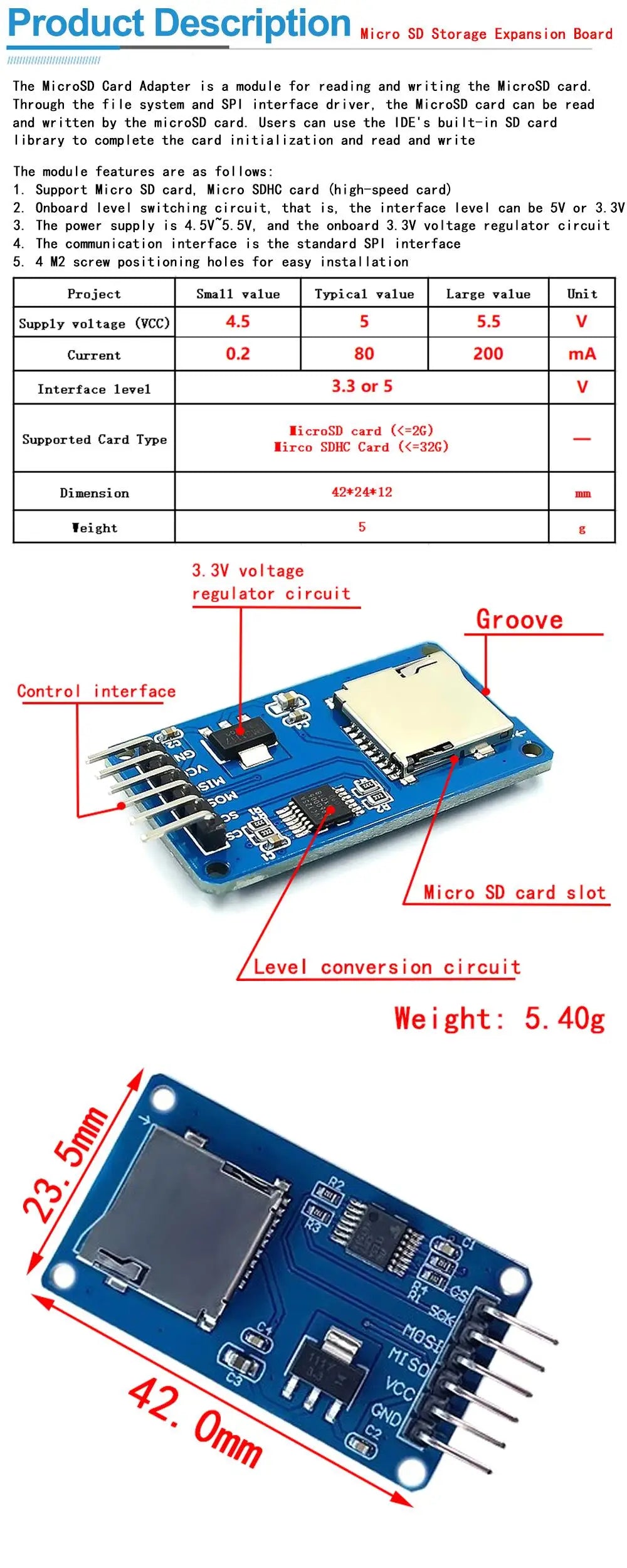 Micro SD TF Card Storage Expansion Module Shield with Pins for Arduino D1 Mini ARM AVR