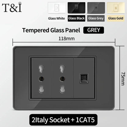 T&I Wall Switch Socket with USB-C Fast Charging Italy & Chile Schuko Outlet Tempered Glass Panel