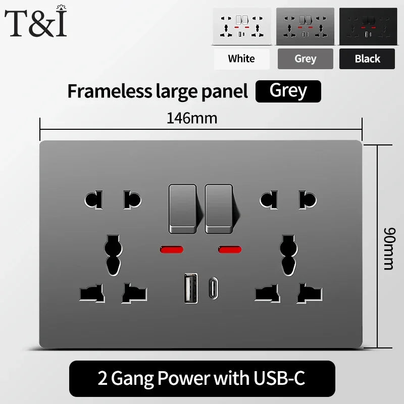 Universal Wall Socket with USB-C and USB Charger 2 Gang Power Outlet with Switch Flush Mount AC 110-250V