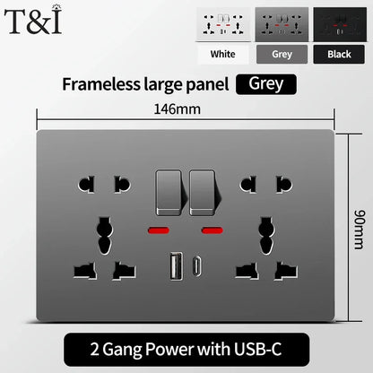 Universal Wall Socket with USB-C and USB Charger 2 Gang Power Outlet with Switch Flush Mount AC 110-250V