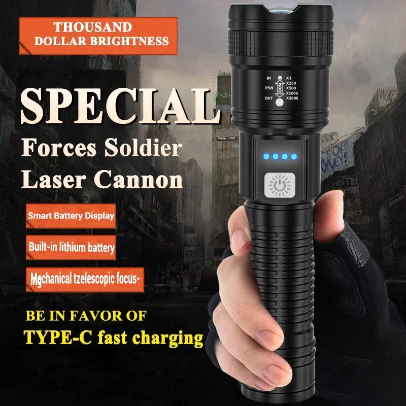 High Power Flashlight Strong Light Long Range LED Flash Light USB Rechargeable Telescopic Zoom Outdoor Camping Riding Lantern