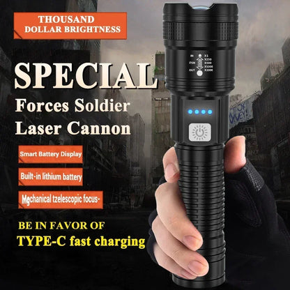 High Power Flashlight Strong Light Long Range LED Flash Light USB Rechargeable Telescopic Zoom Outdoor Camping Riding Lantern