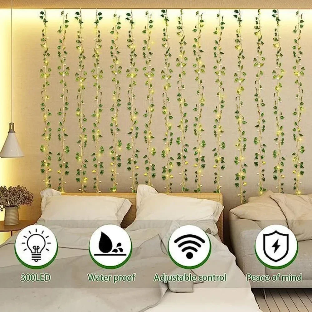 LED Fairy Lights with Willow Leaves Decor 3x3 Window Curtain Festoon USB Powered Christmas Garland for New Year Holiday Lighting