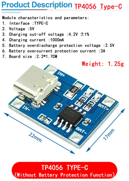 type-c/Micro USB 5V 1A 18650 TP4056 Lithium Battery Charger Module Charging Board With Protection Dual Functions 1A Li-ion