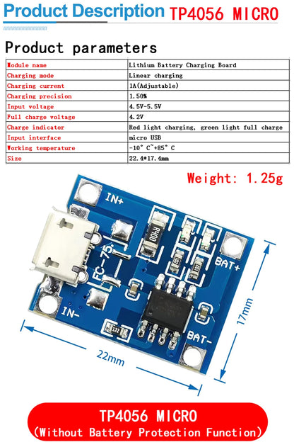 type-c/Micro USB 5V 1A 18650 TP4056 Lithium Battery Charger Module Charging Board With Protection Dual Functions 1A Li-ion