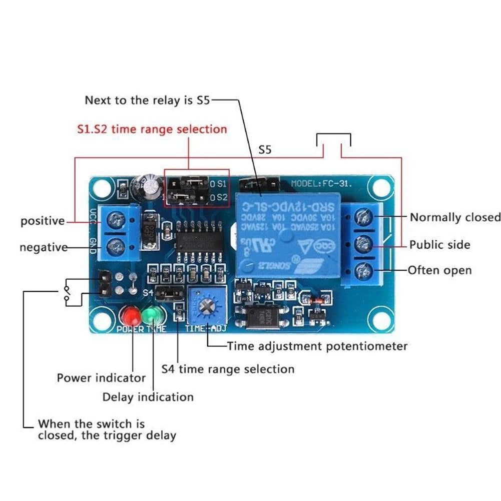 Normally Open 12V Time Delay Relay Module with Adjustable Timing for Turn On/Turn Off Switch Suitable for 250V AC Load