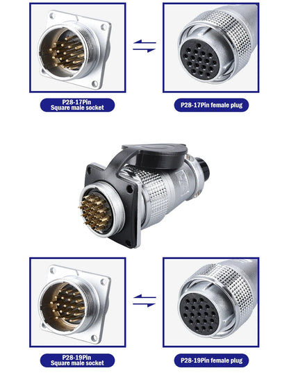 P28 Aviation Connector Square Flange Socket Male Female Circular Butt Joint 2/3/4/5/7/10/12/14/16/19/20/24 Pin P28K2Q PLS28