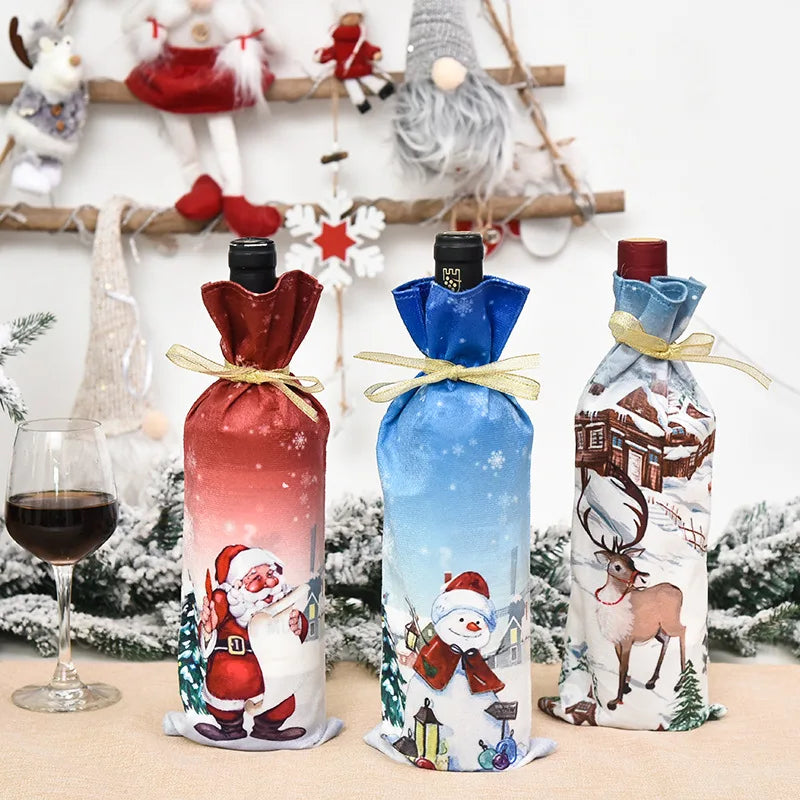 Creative Christmas Wine Bottle Cover Set Velvet Santa & Snowman Decor