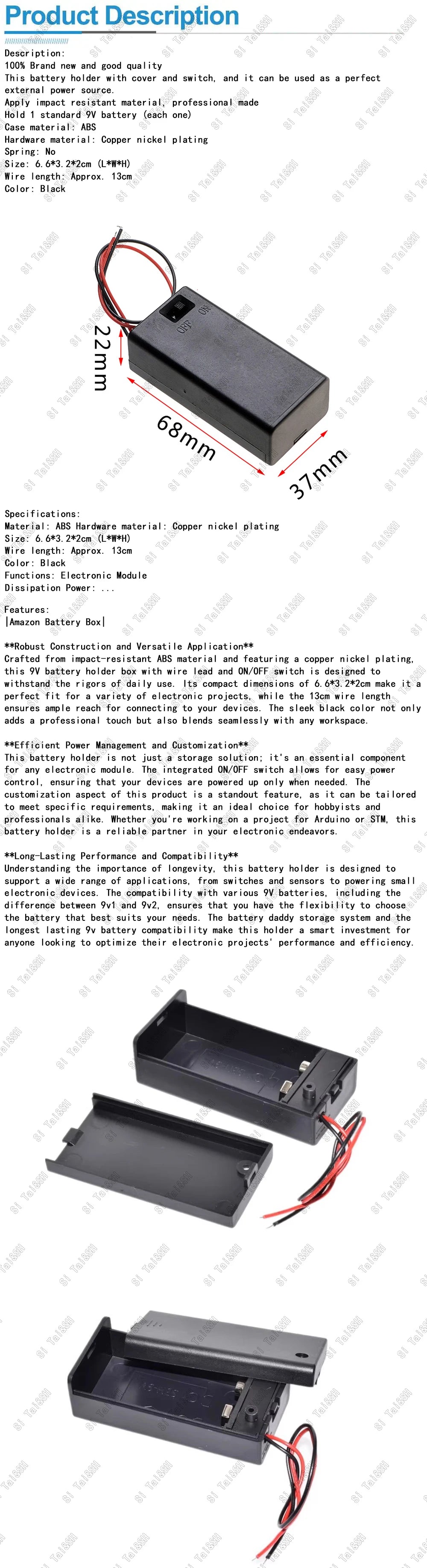 9V Battery Holder Box with Wire Lead and ON/OFF Switch Cover Case