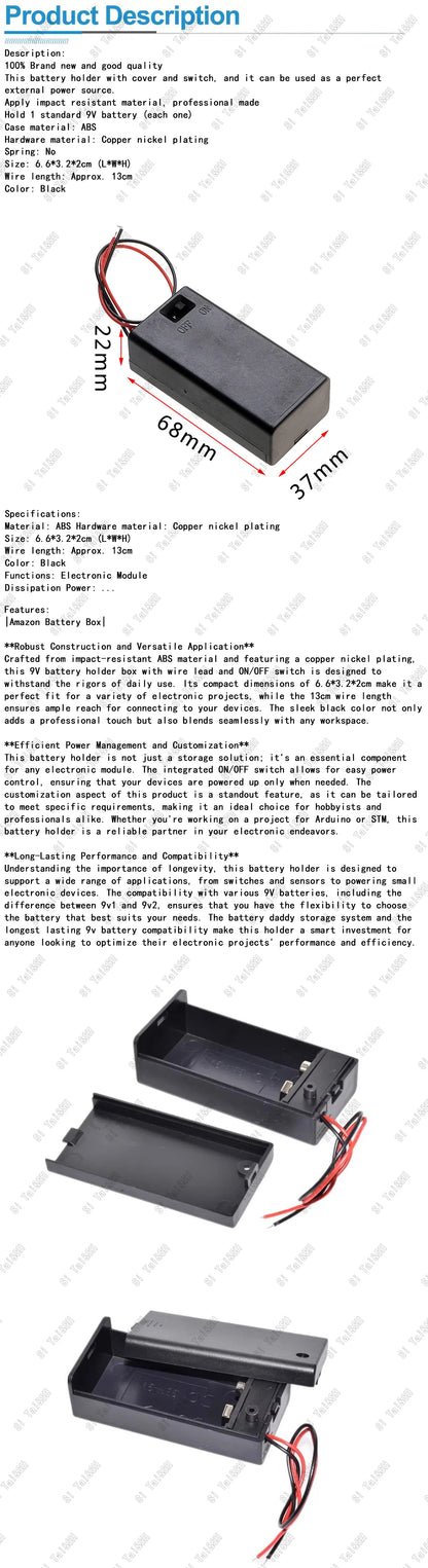 9V Battery Holder Box with Wire Lead and ON/OFF Switch Cover Case