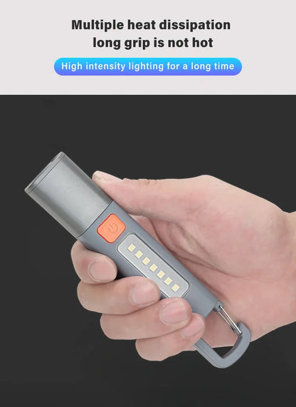 Portable Strong Light LED Zoom Flashlamp Built-in Battery USB Rechargeable with Hook Camping Hanging Lamp COB Side Lamp