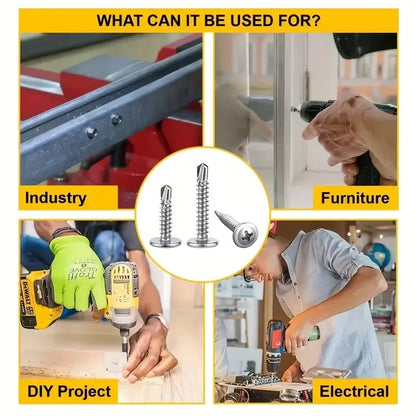 200x Stainless Steel Self-tapping Screws Round Washer Flat Head Cross Phillips Self Drilling Screw Fastener for Wood Sheet Metal