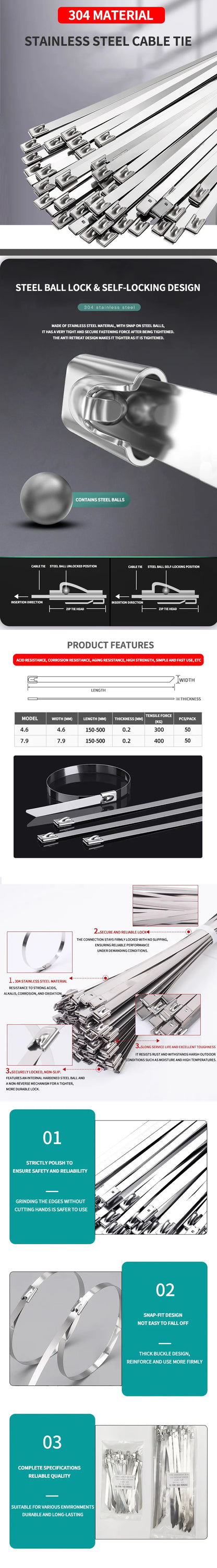 304 Stainless Steel Zip Ties Heavy-Duty Self-Locking Metal Cable Ties 4.6mm Anti-Rust Heat Resistant for Marine Outdoor