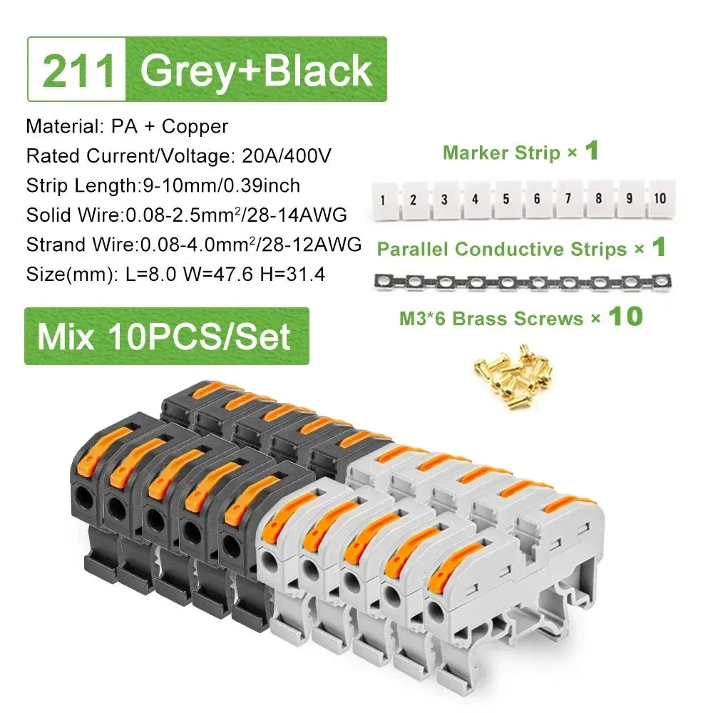 10PCS Din Rail Terminal Block 211 Wire Electrical Conductor Universal Fast Cable Connector with Number Strip Set