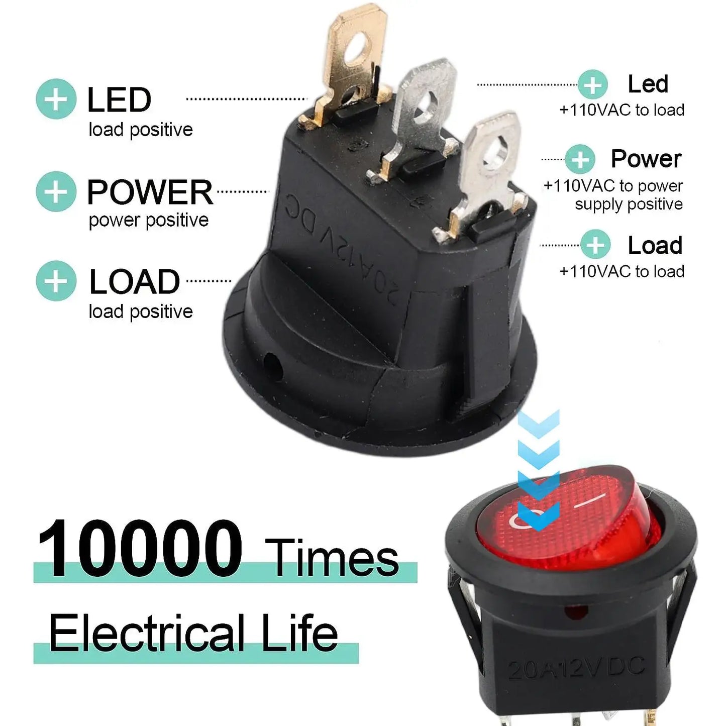 3 Pin Round Rocker Switch LED Light 12V on Off SPST Toggle Button Control for Car Auto Motorcycle Boat Modification Red Blue