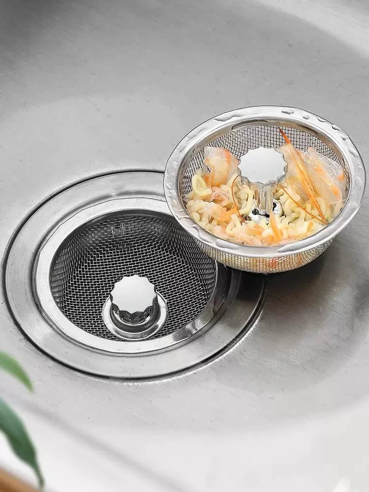 Kitchen Sink Strainer with Handle & Stopper Replacement Sink Drain Basket Stainless Steel Mesh Filter Strainers Waste Hole Trap