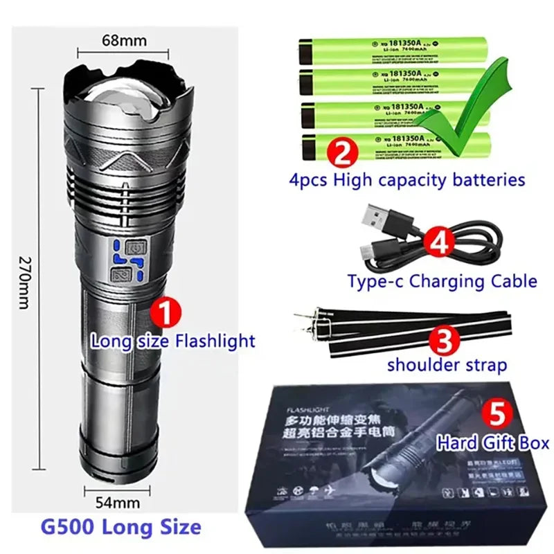 Ultra Bright 1000000LM Tactical Zoom Flashlight Rechargeable Torch