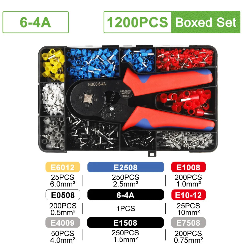1200PCS Self Adjustable VE Tube Terminal Kits Tool Plier Set Cord End Bootlace Ferrules Wire Cable Crimper 6-4A/6-6A