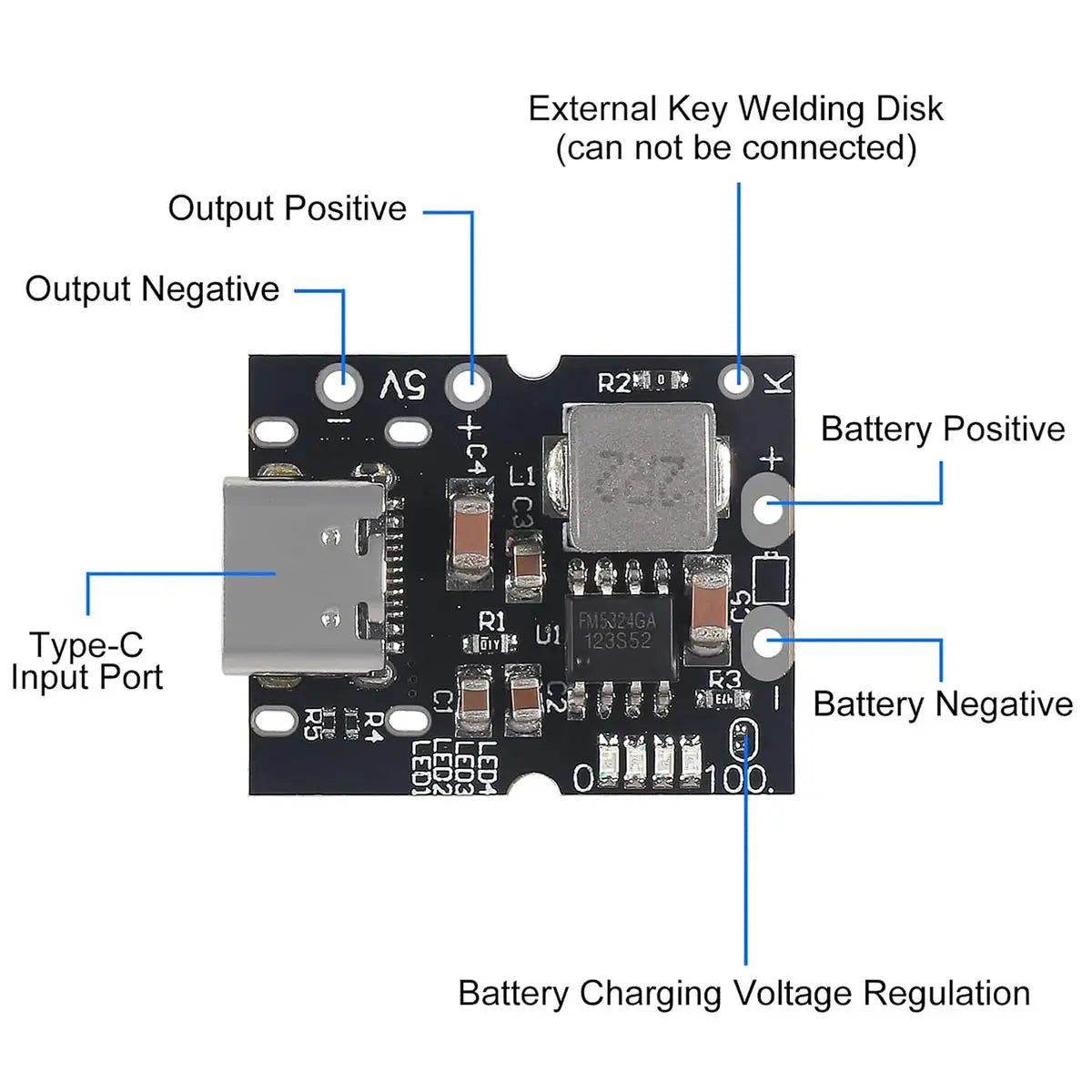 Type-C USB 5V 2A Boost Converter Step-Up Power Module with Lithium Battery Charging Protection and LED Display