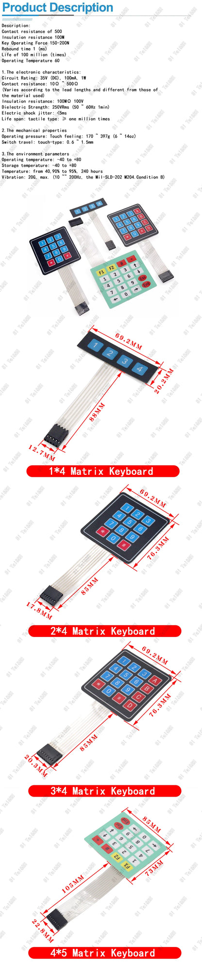 Matrix Membrane Switch Keypad Kit 1x4 3x4 4x4 4x5 Key Button Control Panel for Arduino