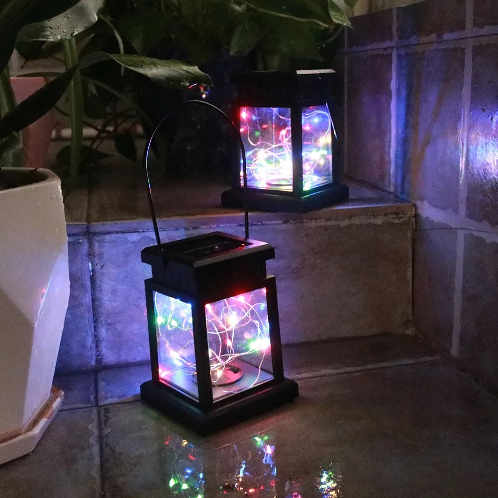 1pc LED Lantern Lamp Outdoor Garden Warm Light Waterproof Solar Powered Golden Copper Wire Hanging Lightweight