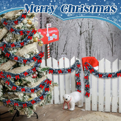 10/2M Christmas Bow Ribbon Garland Embellished Green Tinsel Xmas Tree Hanging Ornament Holiday Party Home Wedding Decoration