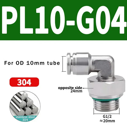 PL-G 304 Stainless Steel Pneumatic Elbow Fitting 1/8 1/4 3/8 1/2 External G Thread Quick Coupling Joint