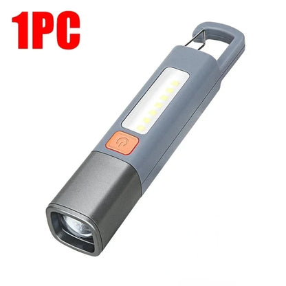 Portable Strong Light LED Zoom Flashlamp Built-in Battery USB Rechargeable with Hook Camping Hanging Lamp COB Side Lamp