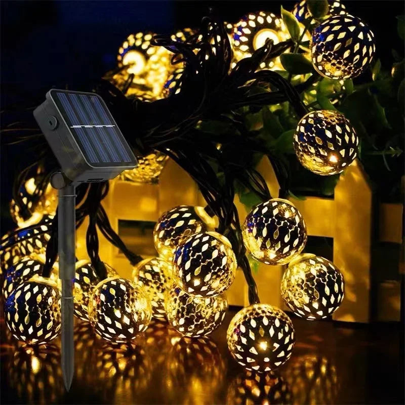 2026 New Solar LED String Lights Outdoor Moroccan Iron Ball Lamp, Silver Round Art Decor for Garden Patio