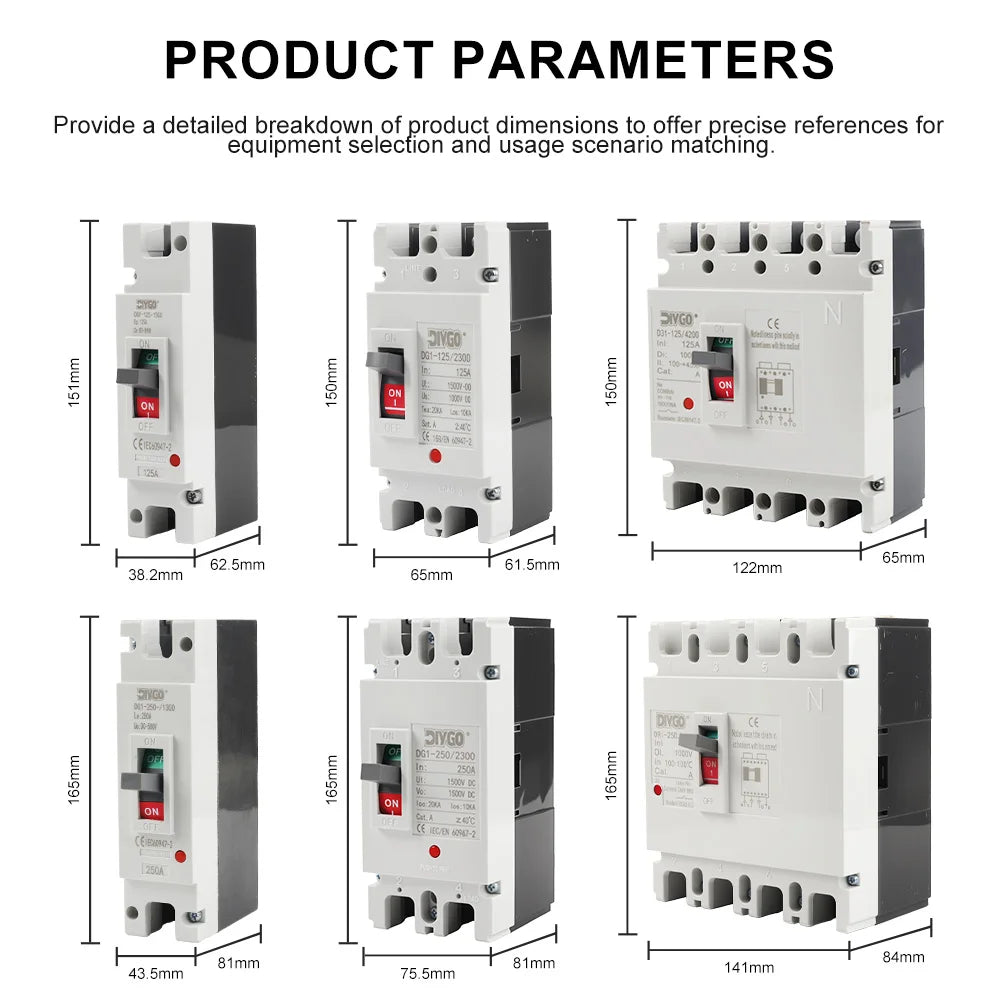 DC Solar MCCB Molded Case Circuit Breaker 1P/2P/4P DC500V/1000V 125A/250A Overload Protection for Solar PV Systems
