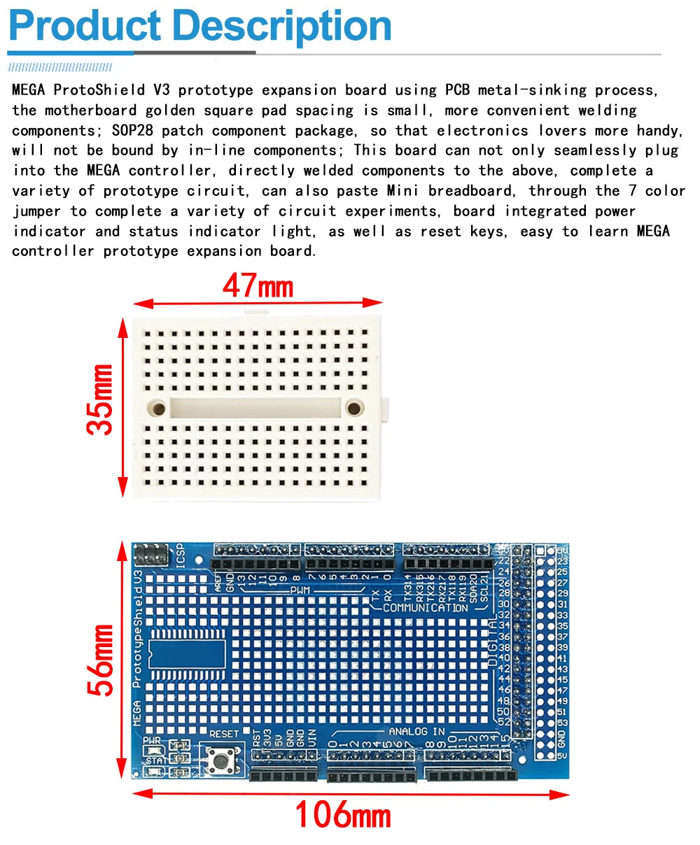 MEGA 2560 R3 Proto Shield V3.0 Expansion Board with 170-Point Mini Breadboard for Arduino DIY